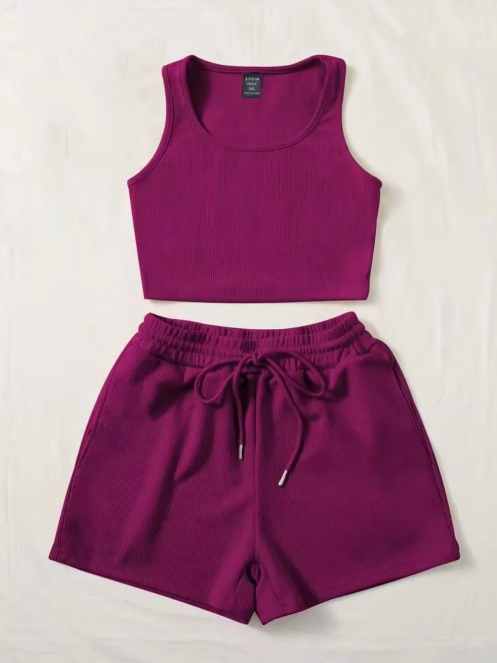 SHEIN Magenta Ribbed Drawstring High-Waist Shorts